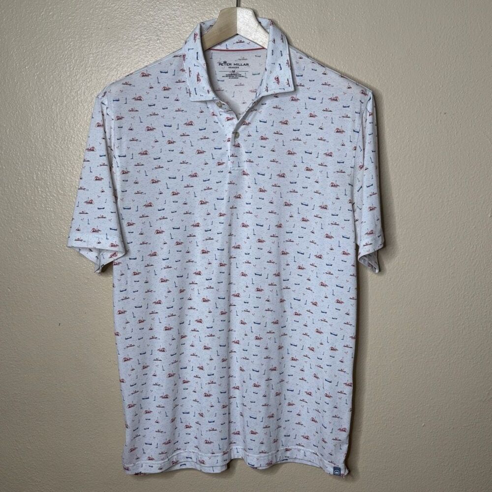 Peter Millar White Short Sleeve Polo with Red and Blue Boat Print